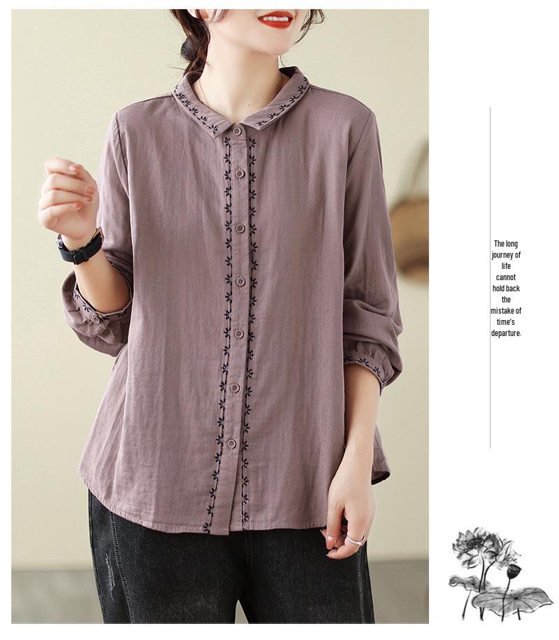Women's Artistic Retro Embroidered Cotton Linen Shirt - Loose Casual Top for Spring 2026 Arrival