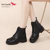 Red Dragonfly Women's British Style Real Leather Winter Boots Thick-Soled Velvet Short Martin Boots, 2024 New Arrivals
