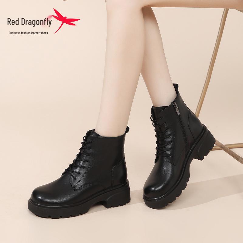 Red Dragonfly Women's British Style Real Leather Winter Boots Thick-Soled Velvet Short Martin Boots, 2024 New Arrivals