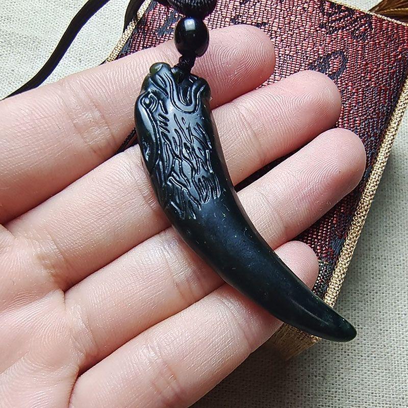 King of Medicine Stone: Men's Double-Sided Wolf Tooth Serpentine Jade Pendant Amulet In Dark Green