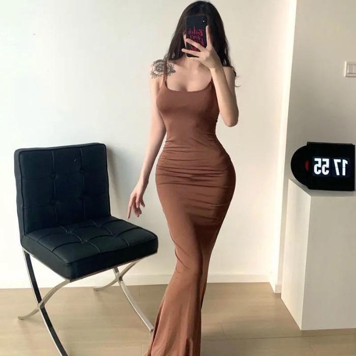 European & American Women's T33 Spaghetti Strap Bodycon Dress – Summer Sleeveless, Waist-Cinching, Hip-Hugging