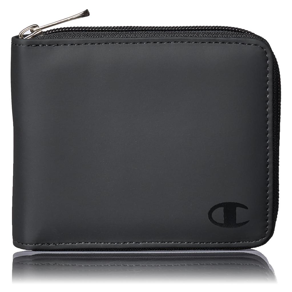 Champion Round Zipper Bifold Wallet with Coin Black Purse, Logo,