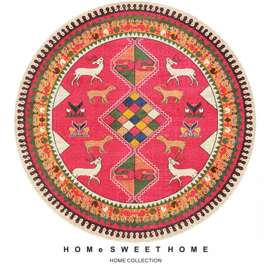Ethnic Round Carpet: Non-slip, Wear-resistant Crystal Velvet Bedside Rug for Cool Comfort