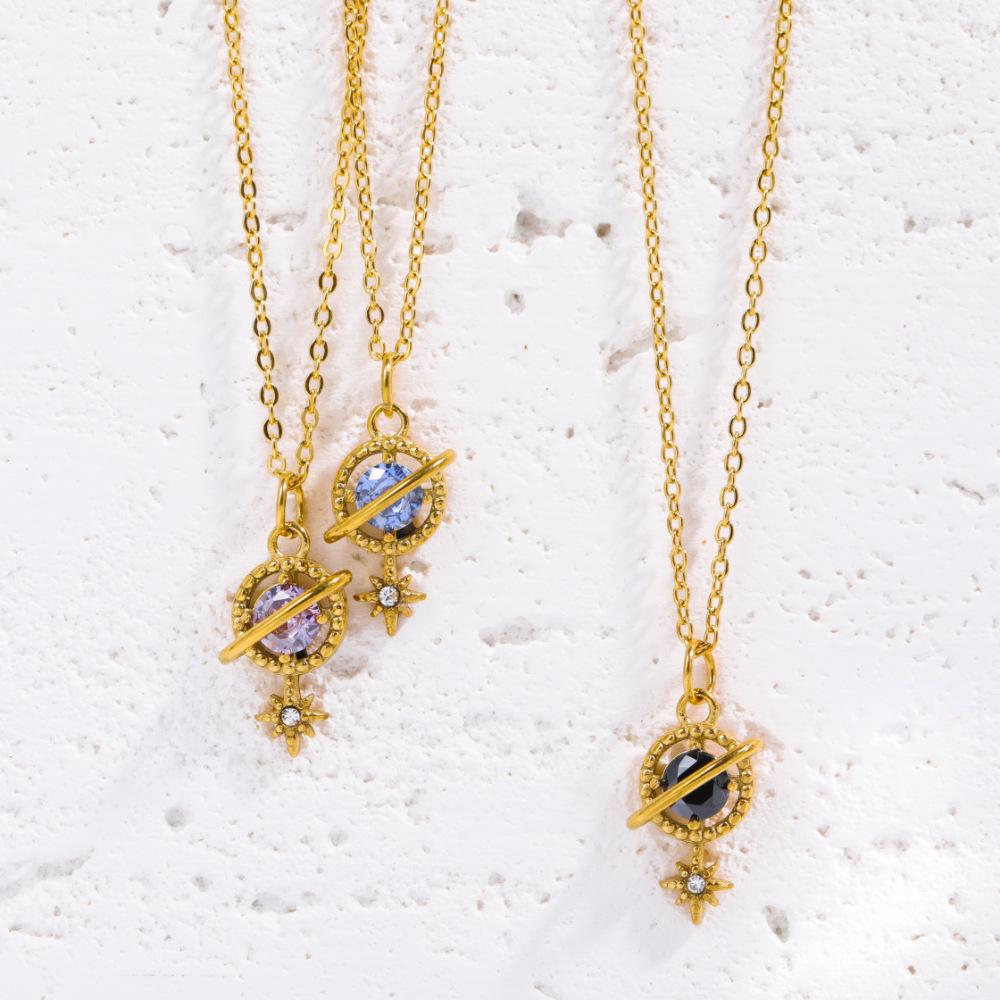 18K Vintage Saturn Gemstone Pendant Necklace with Zirconia Star on Stainless Steel Chain