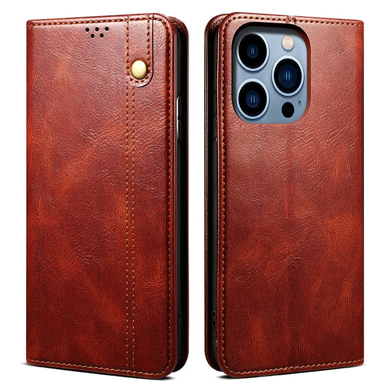 

For iPhone 15 Pro Max Waxy Crazy Horse Texture Phone Cover Stand Wallet PU Leather Cell Phone Case Brown