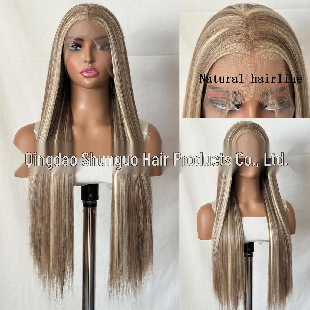 European & American Women's Front Lace Wig, Long Hair, Brown with Golden Highlights, COS, High-Temp Fiber, Matte Finish.