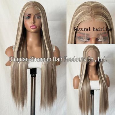 European & American Women's Front Lace Wig, Long Hair, Brown with Golden Highlights, COS, High-Temp Fiber, Matte Finish.