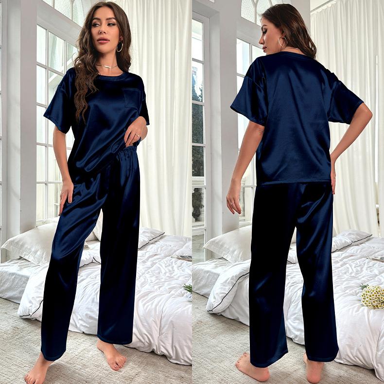 Ensemble de pyjama d'été en soie glacée pour femme, 2 pièces, couleur unie, manches courtes, pantalon long, vêtements de détente décontractés et amples