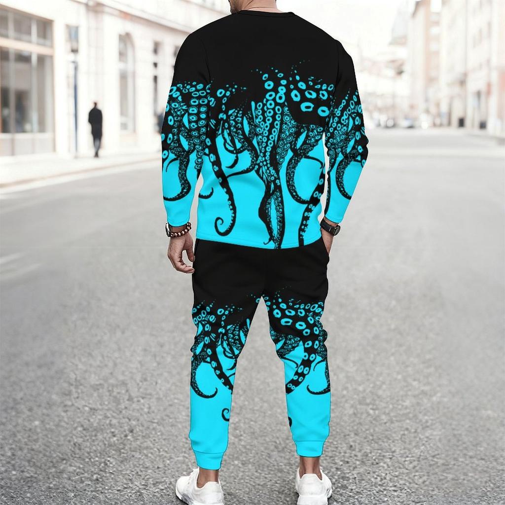 Men Black Cyan Brush Stroke Drip Gradient Print Long Sleeve Sweatshirt Jogger Pants Two Piece Suit