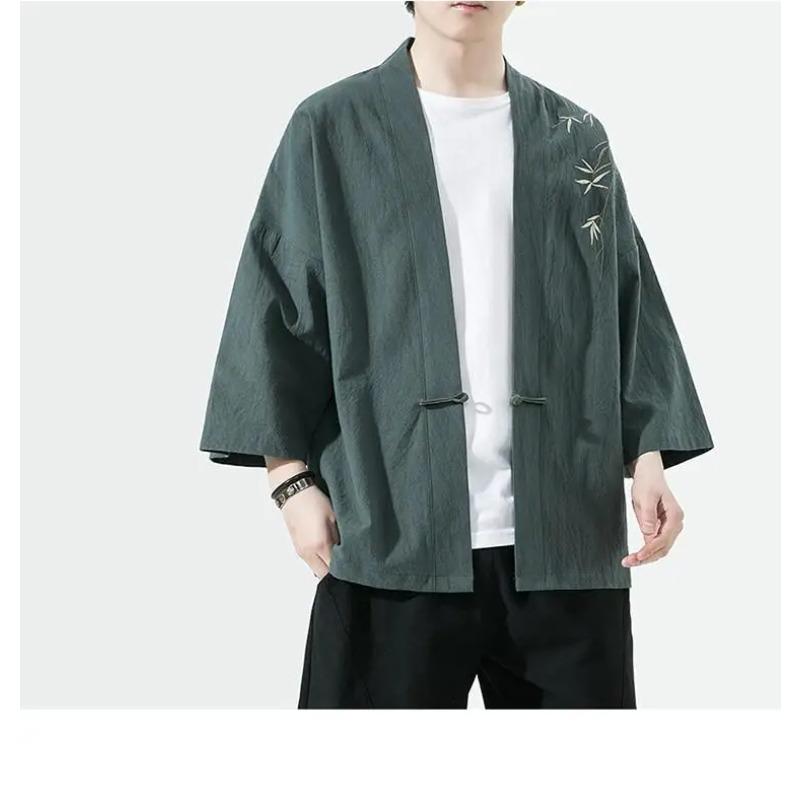 Summer Men's Cardigan Japanese Kimono Samurai Costume Clothing Bamboo Embroidered Kimono Shirt Yukata Haori Casual Coat