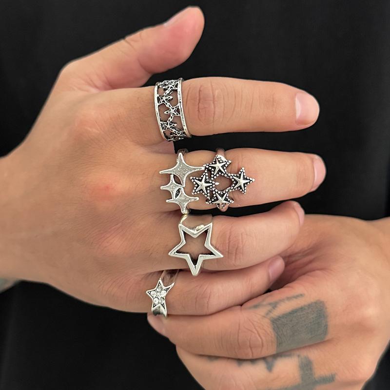 5Pcs/Set Creative Personalized Stars Open Rings For Men Goth Adjustable Knuckle Ring Jewelry