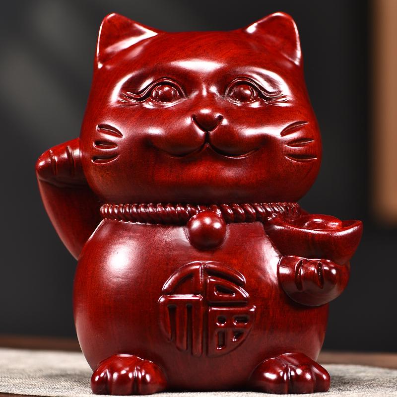 Rosewood Lucky Cat Wooden Ornament - Fortune Cat Decoration for Living Room, Shop, or TV Cabinet.