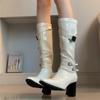 Winter Fashion Pointed Toe Woman Knee-High Boots Street Style High Heels Ladies Belt Buckle Long Booties Shoes