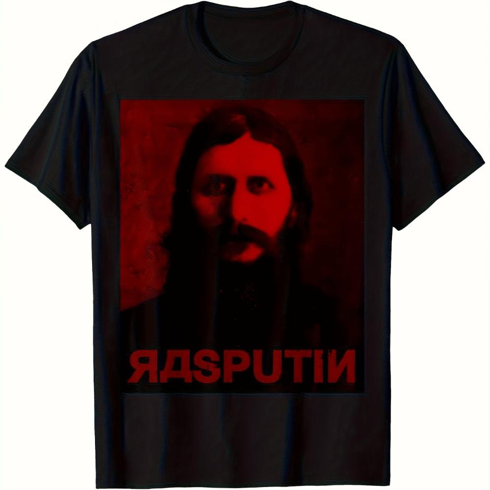 UnisexS Grigory Rasputin Icon Pattern TShirt Vintage Bold Red Black Retro Design Featuring Rasputin Portrait Cyrillic Letters