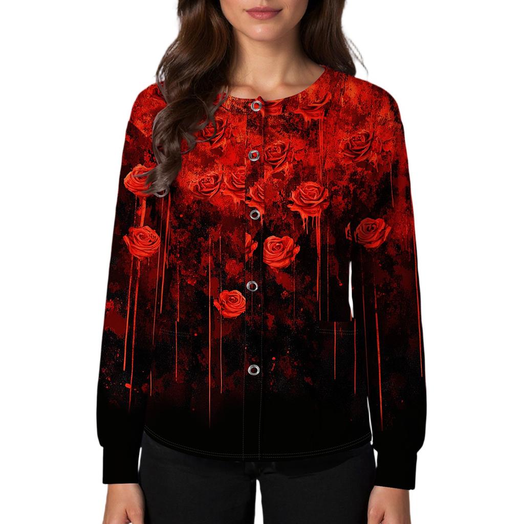 Women's Casual Fashion Single Breasted  Halloween Graphic Printed Nurses Tops