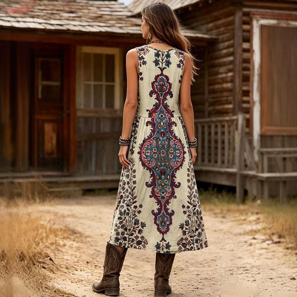 Summer 2026 Retro Bohemian V-Neck Sleeveless Dress
