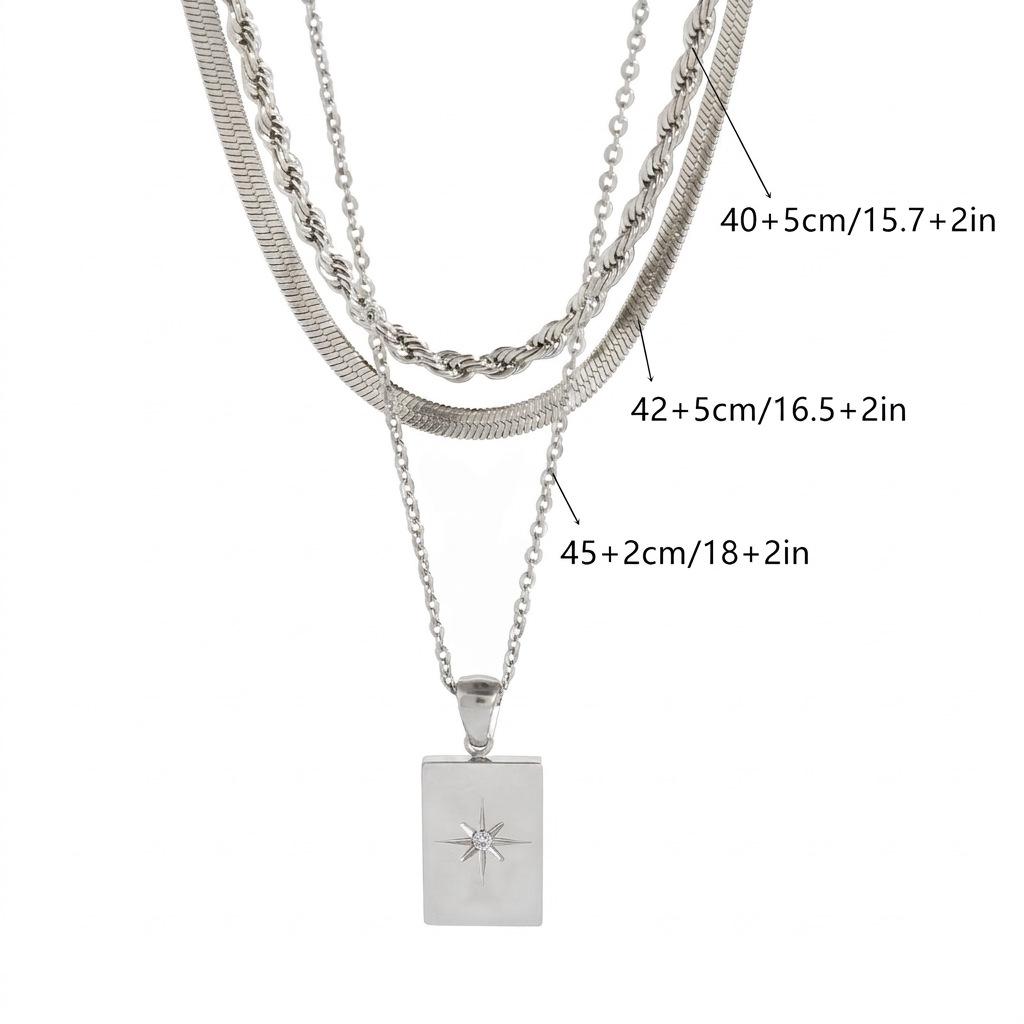 Stainless Steel Three Layer Pendant Necklace Square Star Minimalist Jewelry