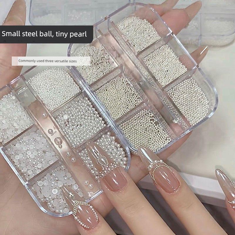 Nail Art Pearl Accessories, Off-White Flat-Bottomed Half-Round Pearls, Mini Steel Beads, Versatile Nail Rhinestones, 3D Nail Decorations