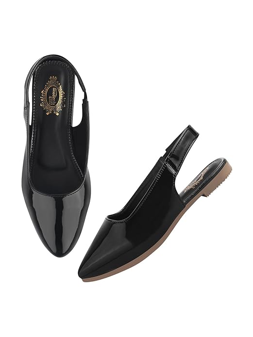 Shoetopia Однотонные босоножки-слингбэк с острым носом на плоской подошве для женщин и девочек EU38 : 22.5CM чёрный