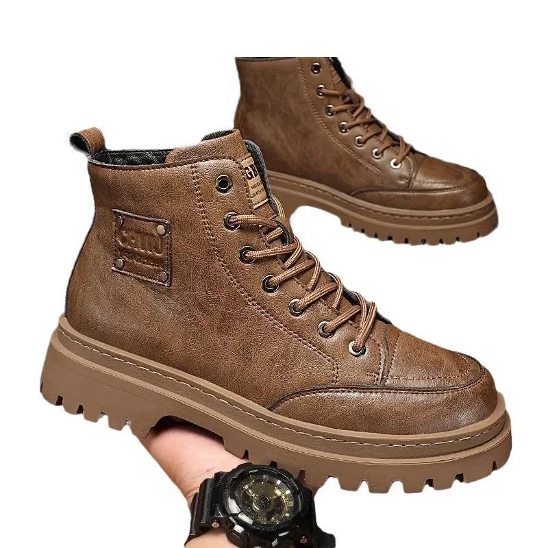 Men Boots Autumn Leather Waterproof Mid-top Sports Shoes New Fashion Ankle Boots Casual Outdoor Hiking Boots Shoes Male Sneakers