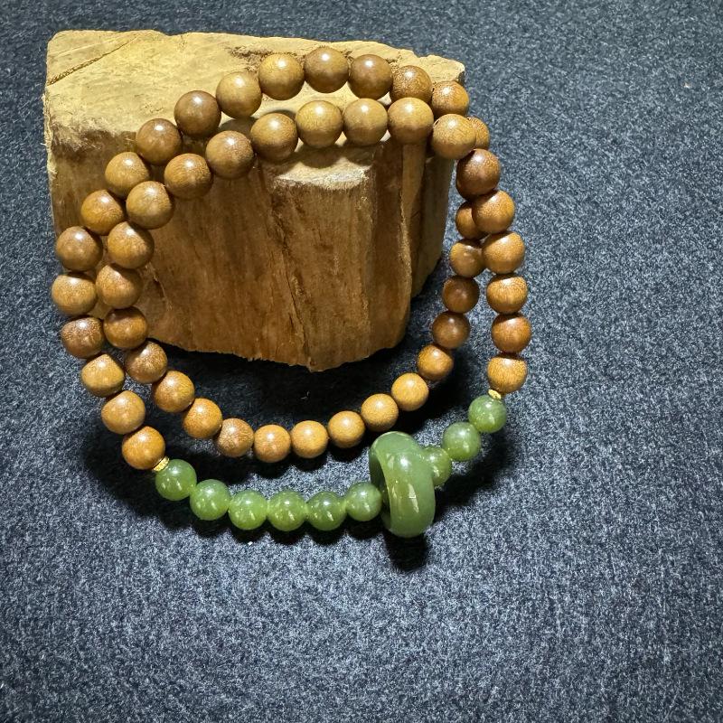 Sandalwood & Hetian Jade Double Circle Bracelet with 925 Silver for Men & Women