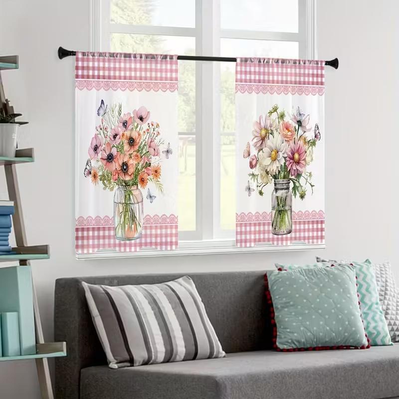 2 Pcs Flower vase print curtains,suitable for bedroom,living room kitchen decoration,home decoration,window decoration