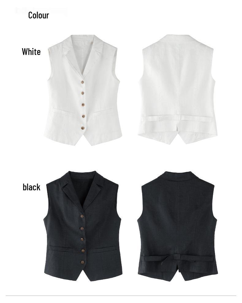 Xin Ge Stylish Black Sleeveless Suit Vest & Pleated Linen Skirt Set