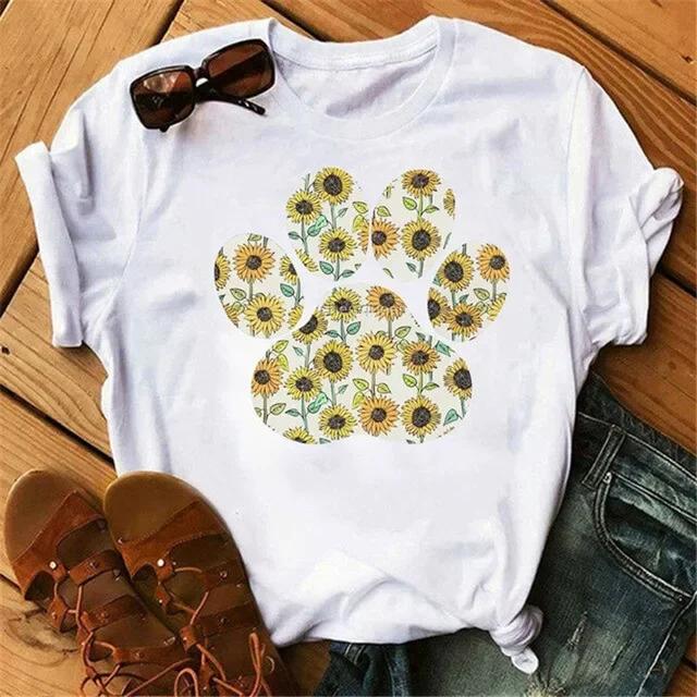 Women's Large Size Short Sleeve Crewneck T-Shirt Cartoon Hand-Painted Dog Paw Print Warm Polyester Fabric Summer Fashion