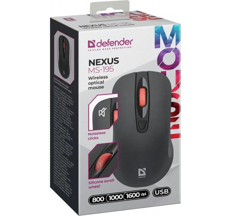 Defender NEXUS MS-195 Wireless Mouse, Optical, Non-click, Silent, 1600dpi, Black