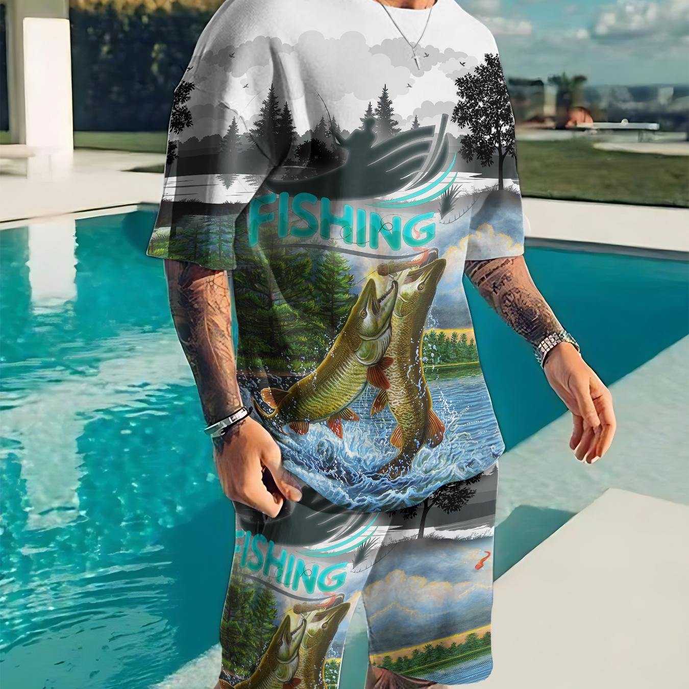 

Мужские футболки и шорты, комплекты из 2 предметов, футболки, модный мужской костюм для рыбалки на окуня, уличная одежда с принтом, повседневный спортивный костюм с короткими рукавами 6XL