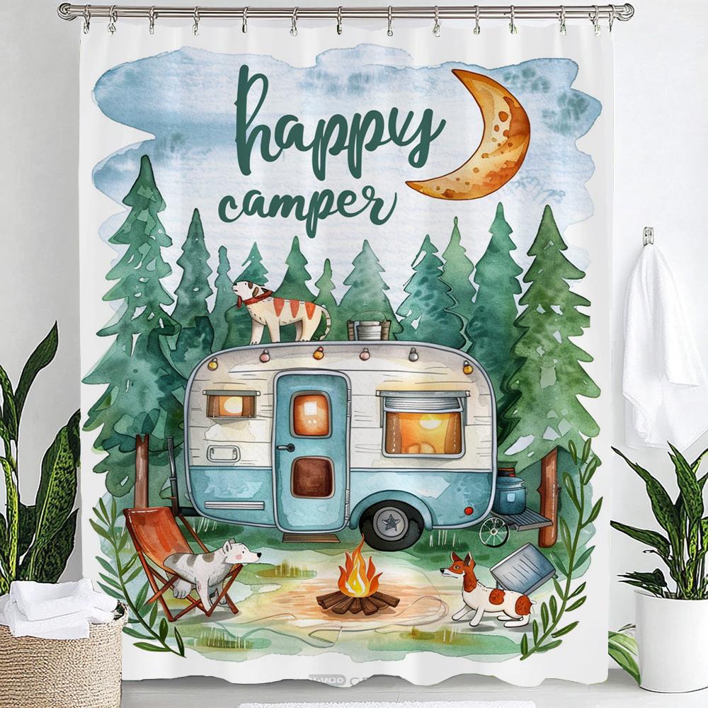 Happy Campers Cartoon Printing Shower Curtain Bathroom Decoration Curtain,Hanging Curtain With Hooks Machine Washable