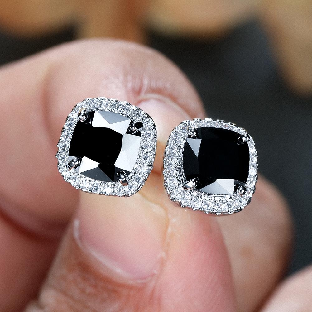 Orecchini A Bottone Uomo Donna In Argento 925 Placcato Nero, Zirconi Cubici AAA Taglio Principessa, 5-9 Mm, Chiusura A Vite