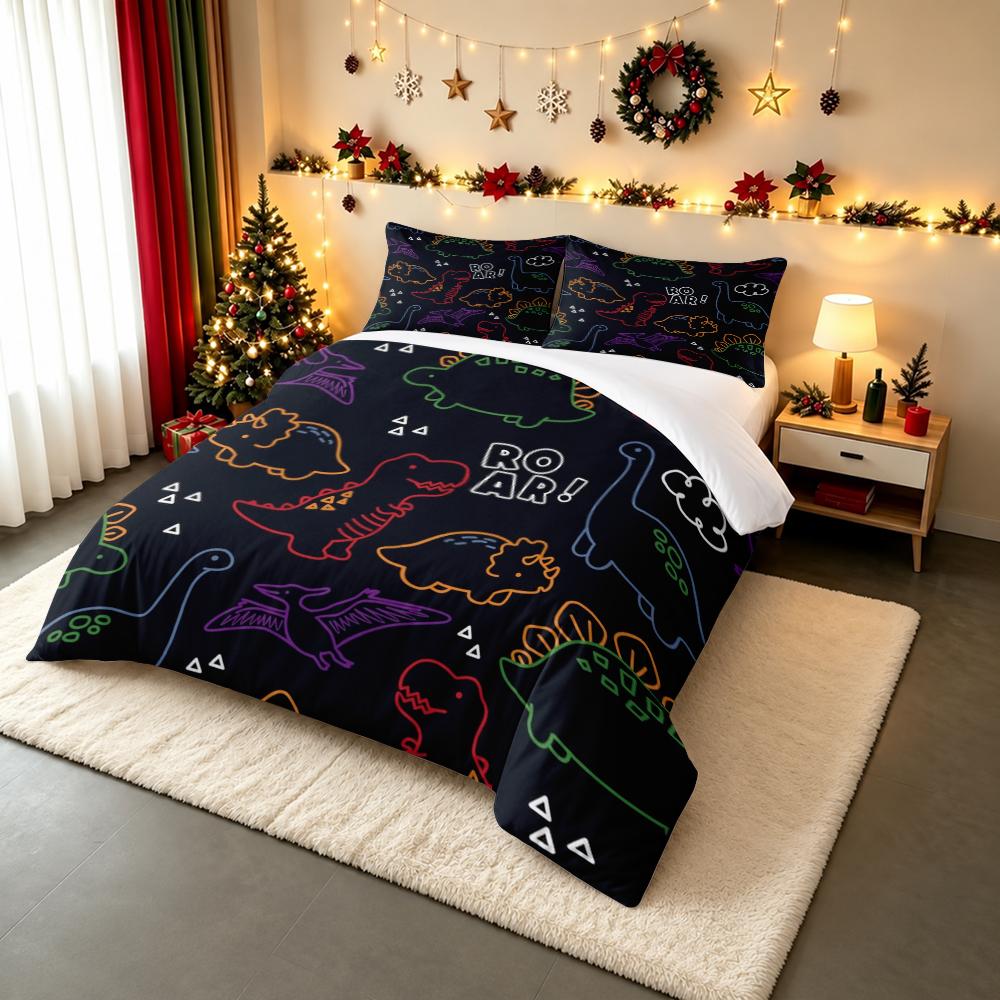 Cute Dinosaur Cartoon Line Art Bedding set (1 duvet cover, 2 pillowcases, duvet not included), Neon Dino Roar Colorful Print