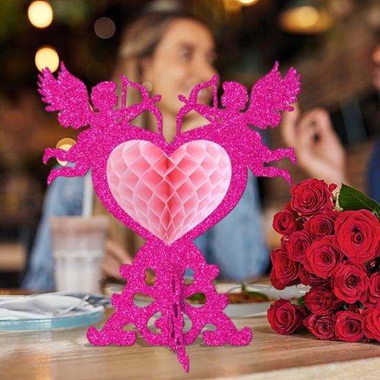 Yousheng 4 Pcs Valentine's Day Honeycomb Centerpieces 3D Glitter Cupid Heart Shaped Honeycomb Ornament Romantic Tabletop Sign for Weddings Valentine's