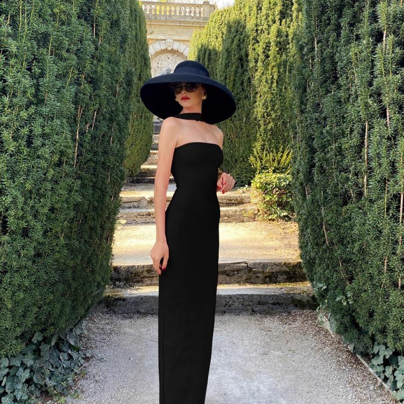 Haut Bandeau Femme Col Une Ligne Tempérament Français Dos Nu Ouverture Col Robe Moulante Fente Hanche