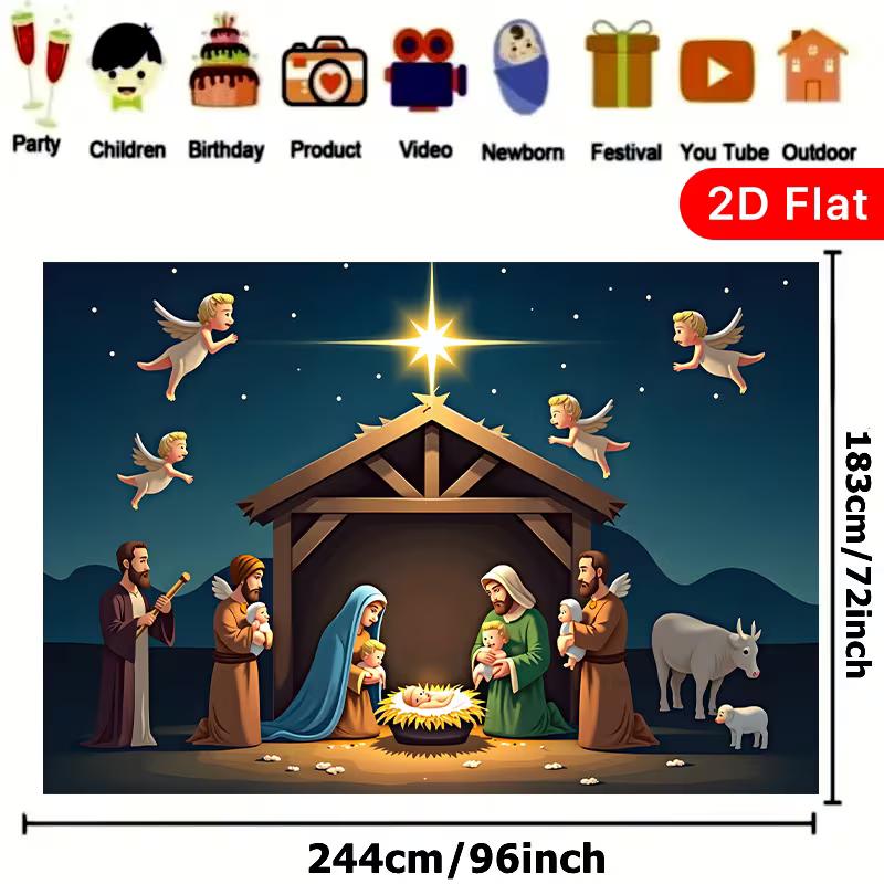 2D Cartoon Christmas Manger Stable Backdrop featuring the Holy Family, Angels and the Star of Bethlehem