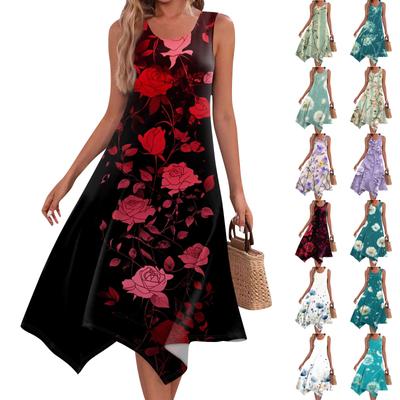 Women's Casual Fashion Round Neck Sleeveless Vintage Floral Print With Irregular Hem Mid-length Dress