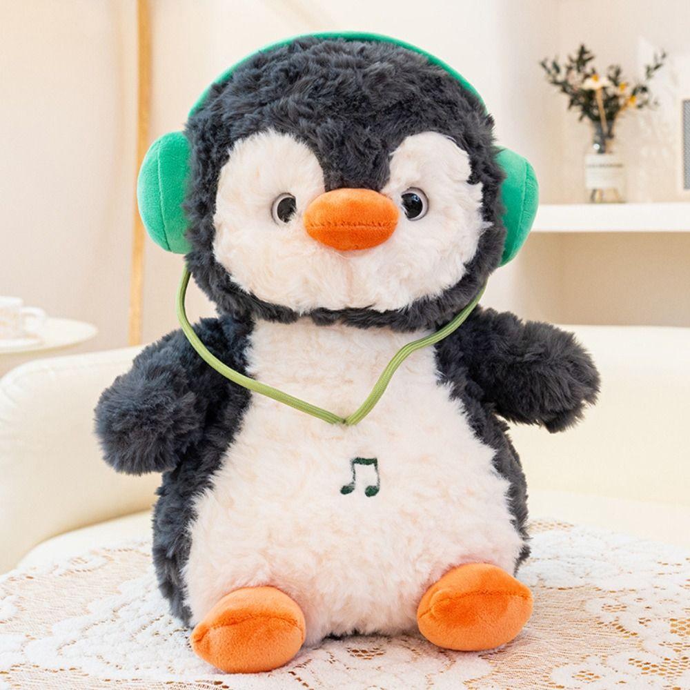 Interactive Penguin Doll Stuffed Animals Fluffy Wearing Headphones Animal Doll  Home Decor