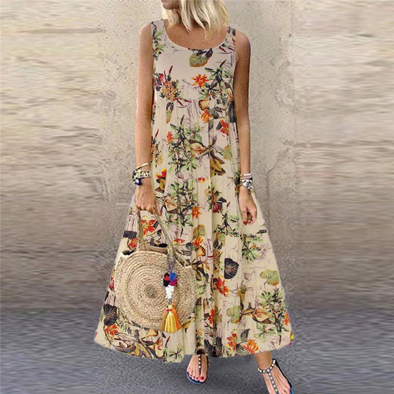 Damen Übergröße Lässiges Lockeres Kleid Ärmellos Floral Täglich Leinen Druck Langes Maxikleid