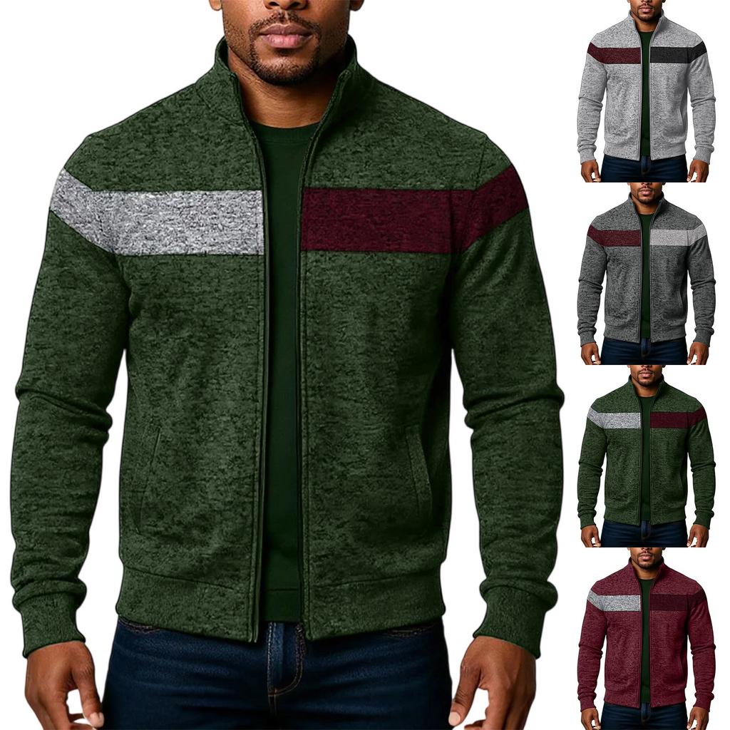 Men's Stand Up Collar Zipper Jacket With Cationic Splicing And Contrasting Colors For Casual Wear