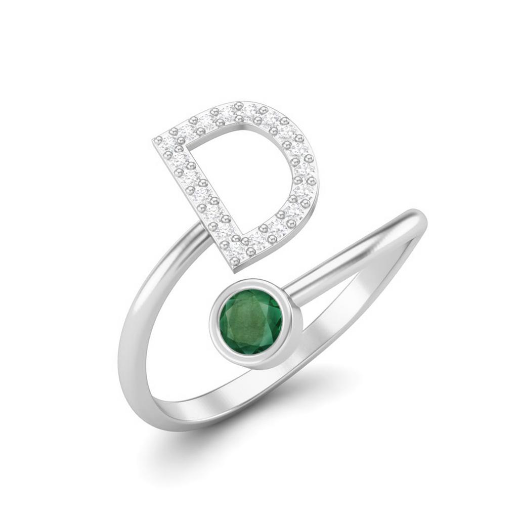 Capital D Initial Letter Emerald Women Adjustable Front Open Ring 925 Sterling Silver