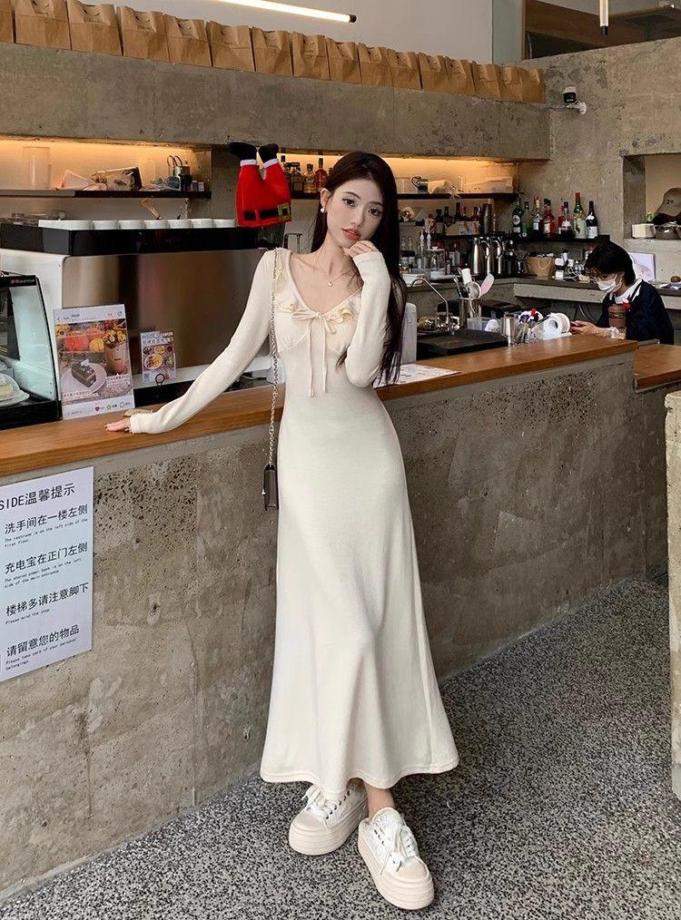 French gentle wind v-neck ruffle leaf edge dress women's clothing autumn and winter straps waist long sleeves temperament hip-wrapped dress