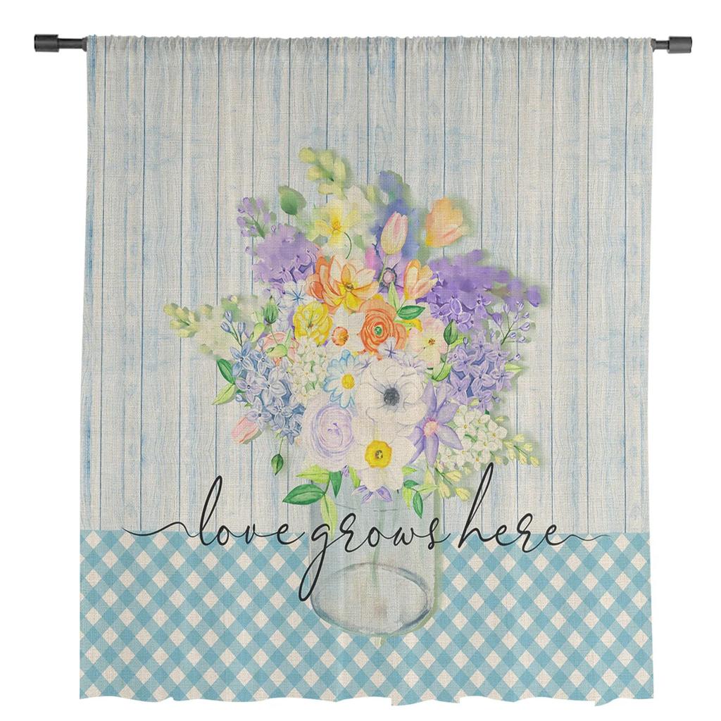 Cortinas Voil Xadrez Floral de Primavera em Aquarela para Sala de Estar Quarto Quarto Infantil Tratamento de Janela em Tule Cortinas