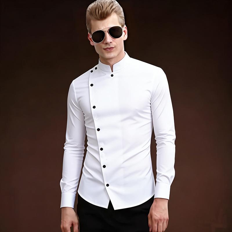 Men s White Stand Collar Asymmetric Button Long Sleeve Slim Fit Dress Shirt S