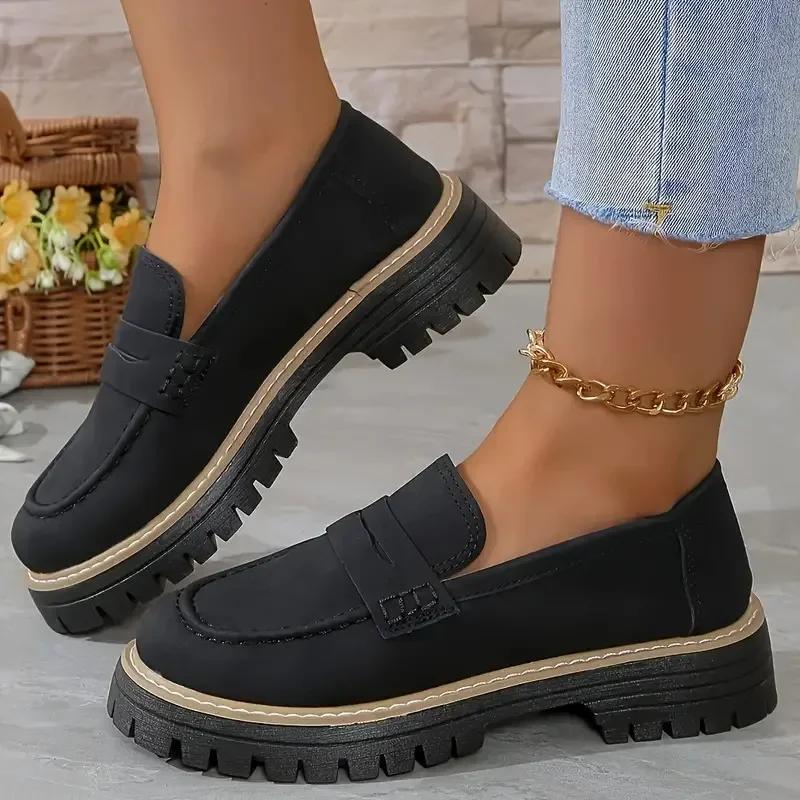 Fashion Woman Spring Autumn New British Style Flats Comfortable Low Heel Slip on Shoes Ladies Solid Color Platform Loafers Shoes