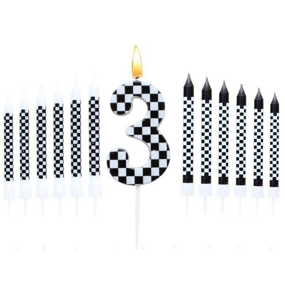 1/6/12/13 Pcs Racing Cars Themed Birthday Candles Black and White Race Number Checkered Candle Cake Topper for Racing Car Party