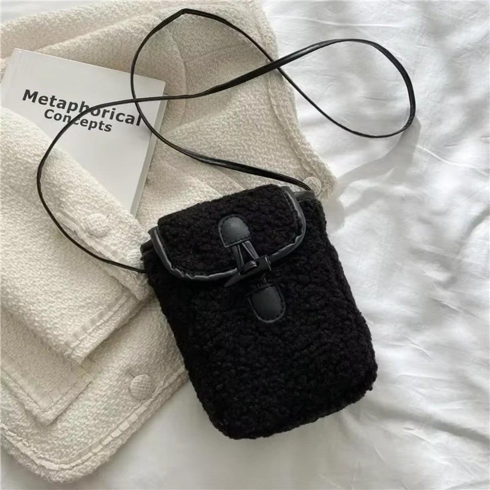 

New Winter Lambswool Phone Bag Sweet Lovely Portable Women Wallets Square Purse Faux Fur Shoulder Bags чёрный