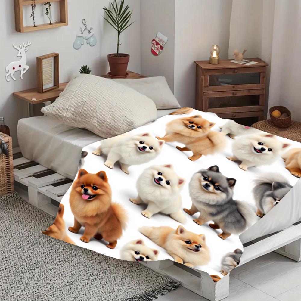 Cute Pomeranian Puppy Print Decorative Throw Blanket for Sofa, Bed, Home Decor, Camping, Office, and Animal Gift