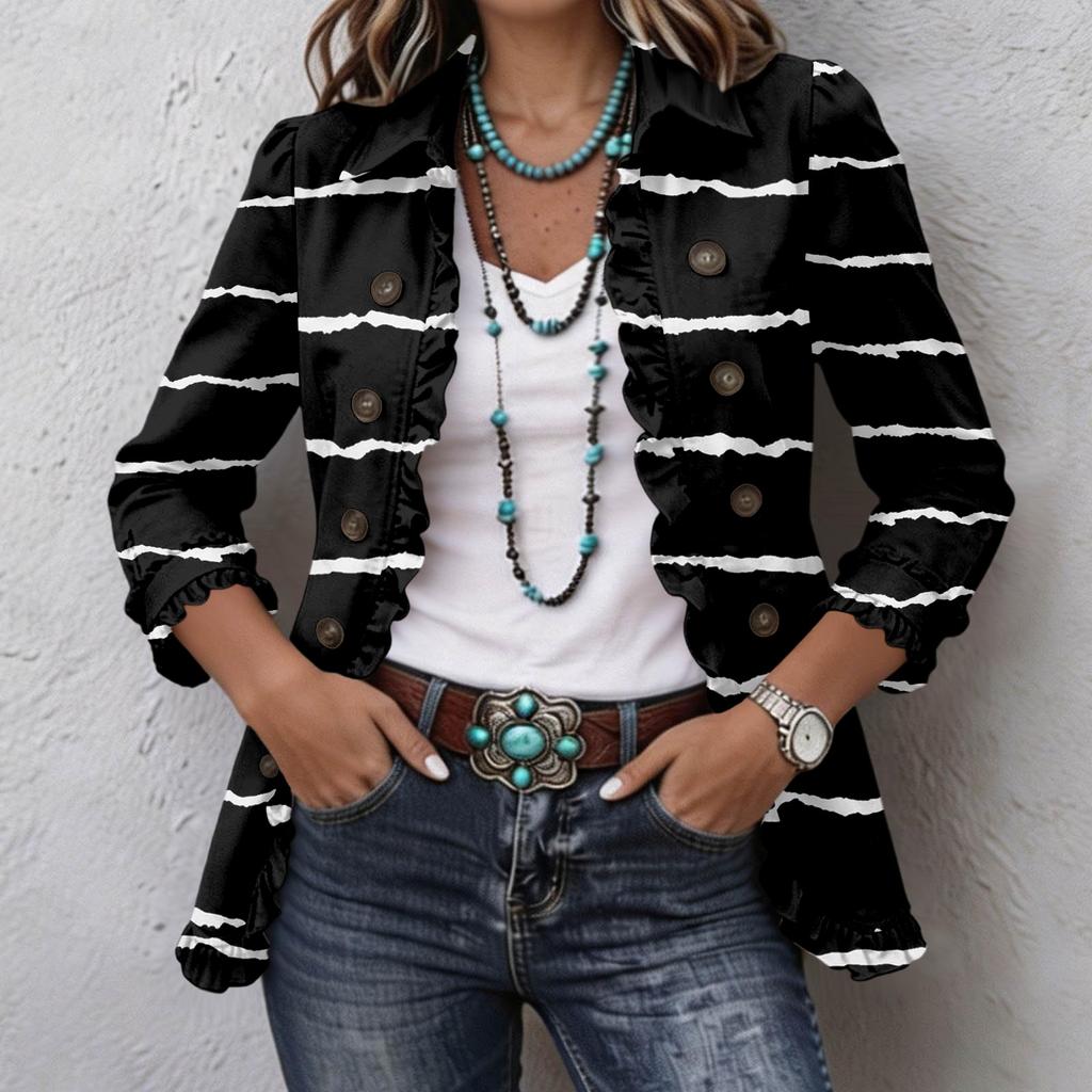 Women's Striped Print Long Sleeve Ruffle Button Front Shirt Jacket for Casual Wear