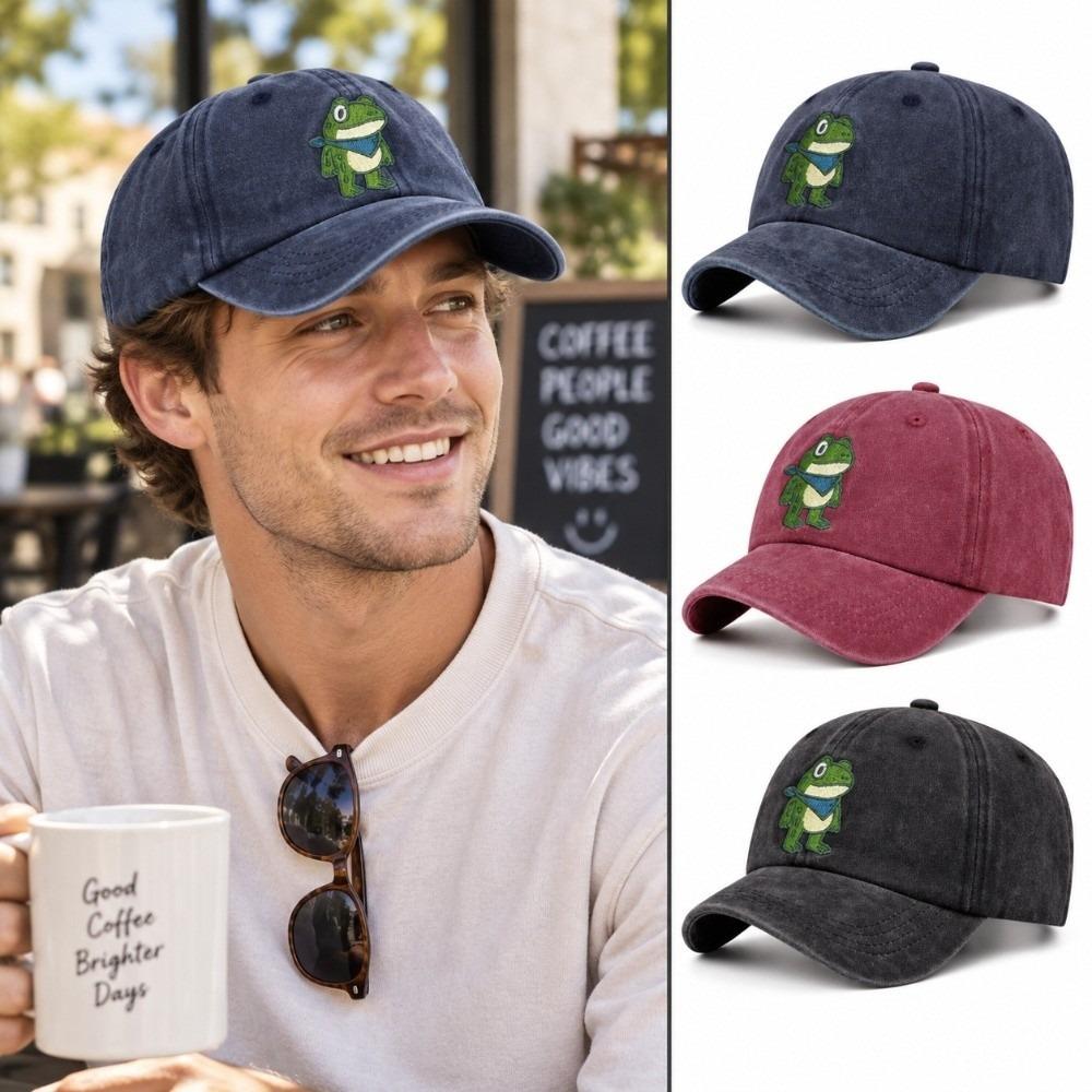 Vintage Frog Embroidery Dad Hat Sun Protection Adjustable Duckbill Cap  For Men Women